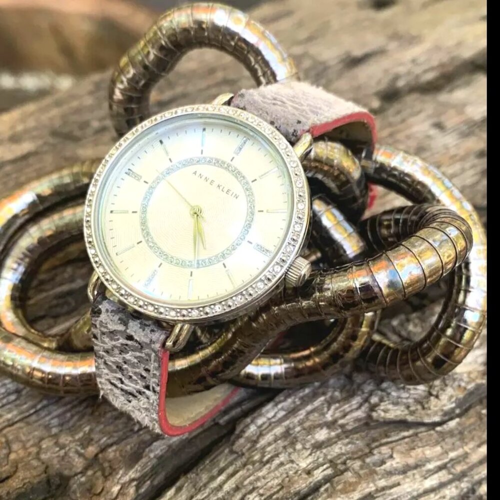 Anne Klein AK/2313 Crystal Bezel Faux Gray/Pink Snakeskin Leather Band Watch